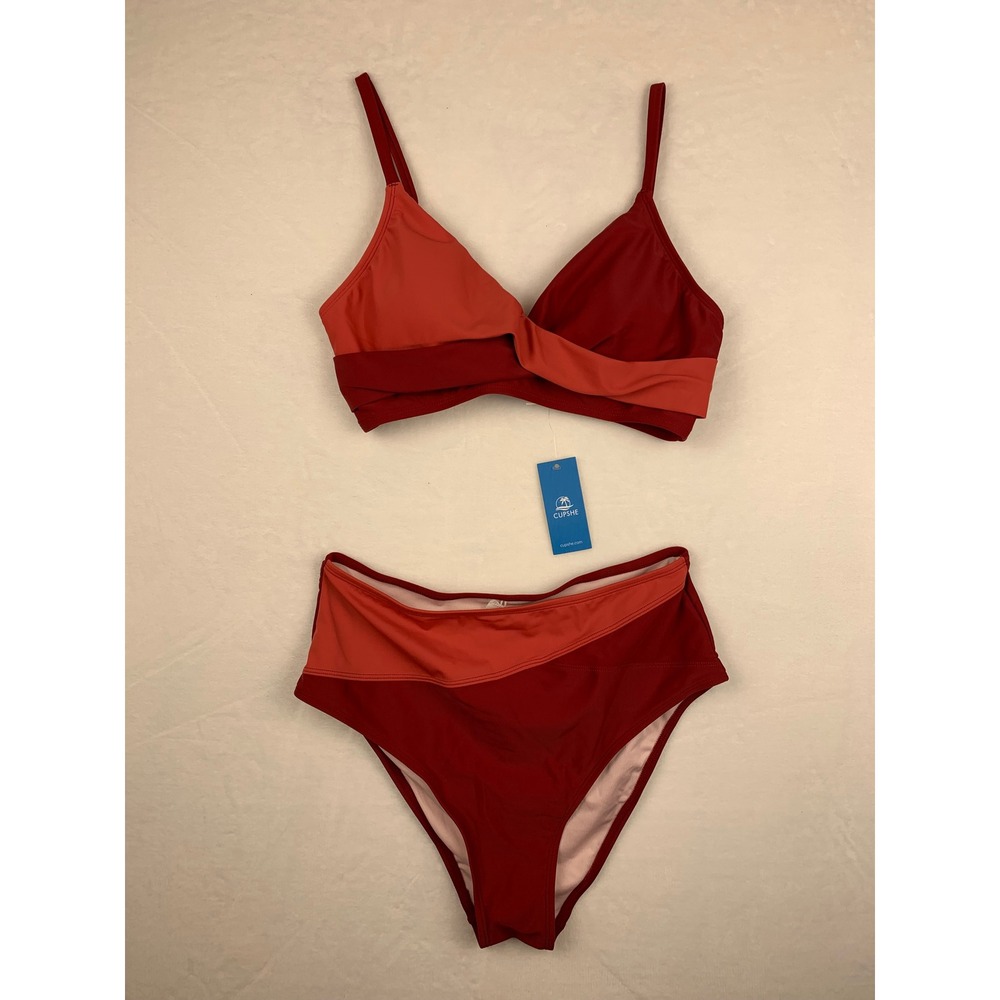 NWT Cupshe Red Orange Colorblock High Waisted Bikini Set Size Medium